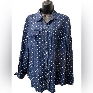 Charter Club Linen Navy and White Polka Dot Shirt
